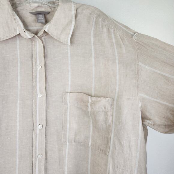 H&M Cream White Stripe Button Down Blouse Size XL 100% Linen Preppy Coastal - Picture 5 of 12